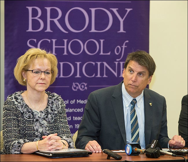 N.C. Secretary of Health and Human Services Aldona Wos, left, and N.C. Gov. Pat McCrory at East Carolina University March 2.