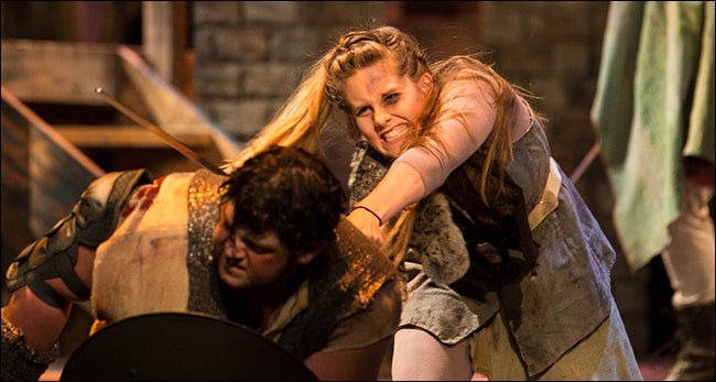 Pictured below, ECU students Matty Reda, left, and Cate Kessler perform a sword fight in the Shakespearian tragedy.