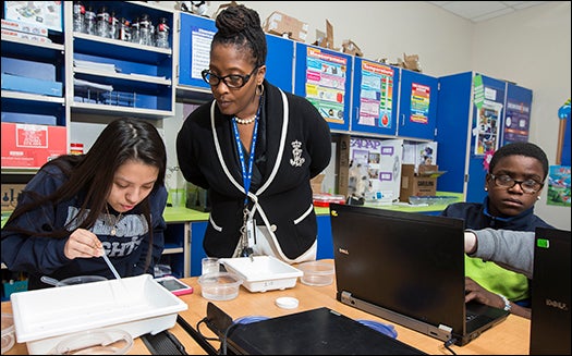 Tonya Little, center, Riverside Middle School's assistant principal, observes as Sandra Garcia, left, and Timothy Maxie, right, work on their flatworm experiments. Little is also the Martin County Schools STEM coordinator.