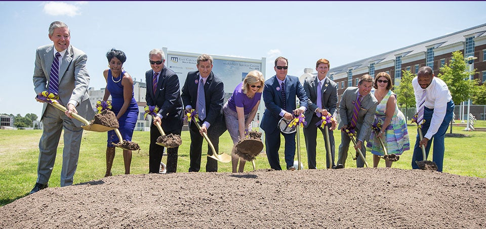 At the groundbreaking ceremony for the new Health Sciences Student Center are, left to right, Chancellor Steve Ballard, Vice Chancellor for Student Affairs Virginia Hardy, Board of Trustees Chair Steve Jones, board member Terry Yeargan, Vice Chancellor for Health Sciences Phyllis Horns, board vice-chair Kieran Shanahan, and board members Mark Matulewicz, Kel Normann, Deborah Davis and Danny Scott.