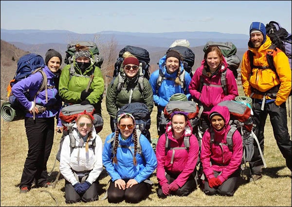 Among the ECU hikers on the Appalachian Trail were, front row left to right, Sarah Evancho, Brooke Benson, Kendra Shuford and Mona Amin; back row left to right, Ashley Rhinehardt (trip instructor, ECU Adventure Program), Claire Tuttle, Leah Price, Jill Collins, Courtney Murphy and Brad Beggs (assistant director, ECU Adventure Program)