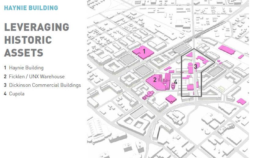 The Haynie Building, where renovation could begin within a year, is highlighted with a #1 on the map.