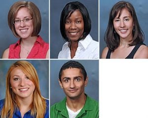 In addition to Bullock, clockwise from top left, Erin Slatter, Vontrelle Roundtree, Emily Ross, Asem Kaul and Laura Larion are Schweitzer Fellows for 2011.