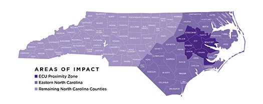 In fiscal year 2012-13, the $795.3 million in payroll and operations spending of ECU, together with the  construction spending and spending by students, visitors, and alumni, created $2.8 BILLION to the state, $1.8 BILLION to the eastern region, and $1.3 BILLION to the ECU proximity zone.  Click image for larger view.