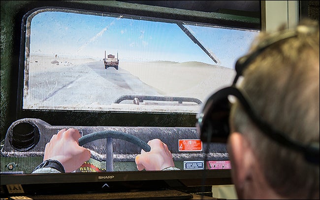 The screen view on the virtual reality simulation used to recreate wartime experiences such as steering a military vehicle through a combat zone.