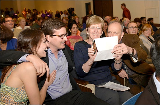 Ben Robey of Greenville, center, celebrates after learning he will go to University of North Carolina Hospitals for internal medicine. At right are his parents, Drs. Claude and Walter “Skip” Robey. (Photo by Gretchen Baugh)