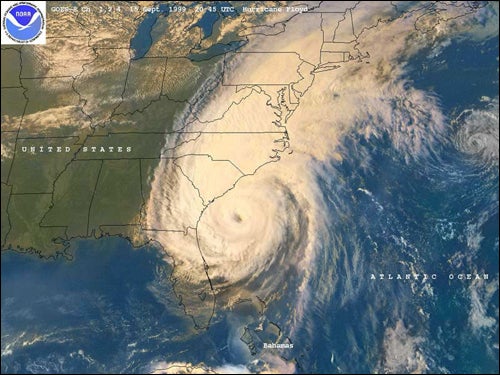 A NOAA satellite image from Sept. 15, 1999 shows Hurricane Floyd's outer bands as it raced toward North Carolina. Representatives from NOAA will be among the weather experts collaborating at ECU during the second annual hurricane conference May 18. 