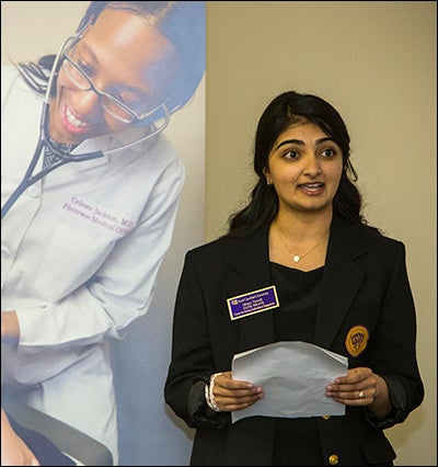 ECU biology and religious studies double major Mansi Trivedi, a senior EC Scholar, shared her experiences with the UNC Board of Governors on Thursday. (Photo by Cliff Hollis)