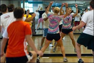 ECU students join in an aerobics class as part of the required curriculum at ECU.