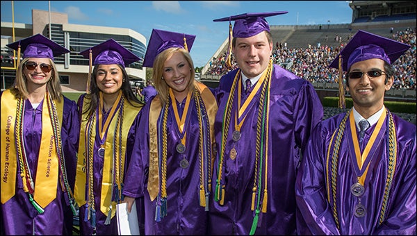 Recipients of the Robert H. Wright Alumni Leadership Award, the highest honor given to ECU undergraduates were, left to right, Kristi Noelle Wilkerson of Mastic, New York; Shayna Mooney of Winterville; Jessica Jewell of Clayton; Matthew Baucom of Marshville; and Ajay Ajmera of Greenville.