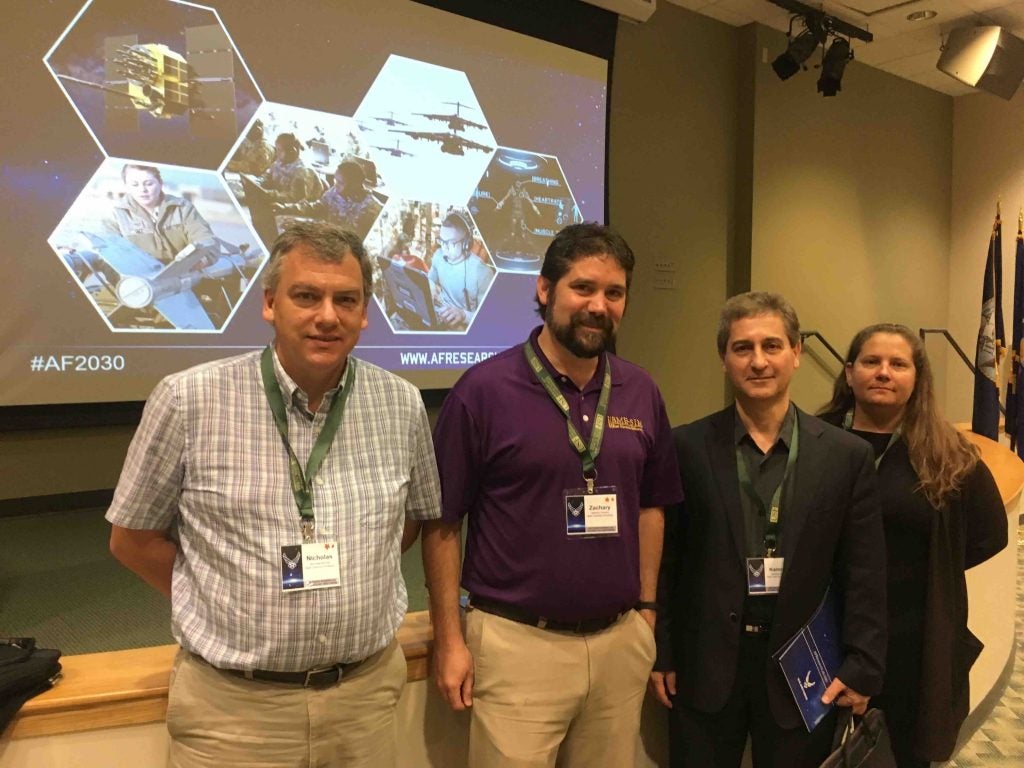 A group of East Carolina University researchers including Nicholas Murray (from left), Zachary Domire, Kamran Sartipi and Teresa Ryan attended the U.S. Air Force Science and Technology 2030 Workshop in April to discuss new research topics relevant to the military branch.