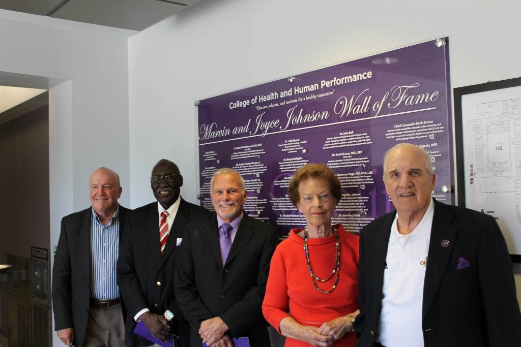 The following people were recently inducted to the College of Health and Human Performance Marvin and Joyce Johnson Wall of Fame: from left, Jerry McManus representing the late Robin McManus, Bobby Griffin representing the late Linner Griffin, Thom Skalko, Jannis Shea and Jerry Tolley. Inductee Odell Welborn is not pictured. 