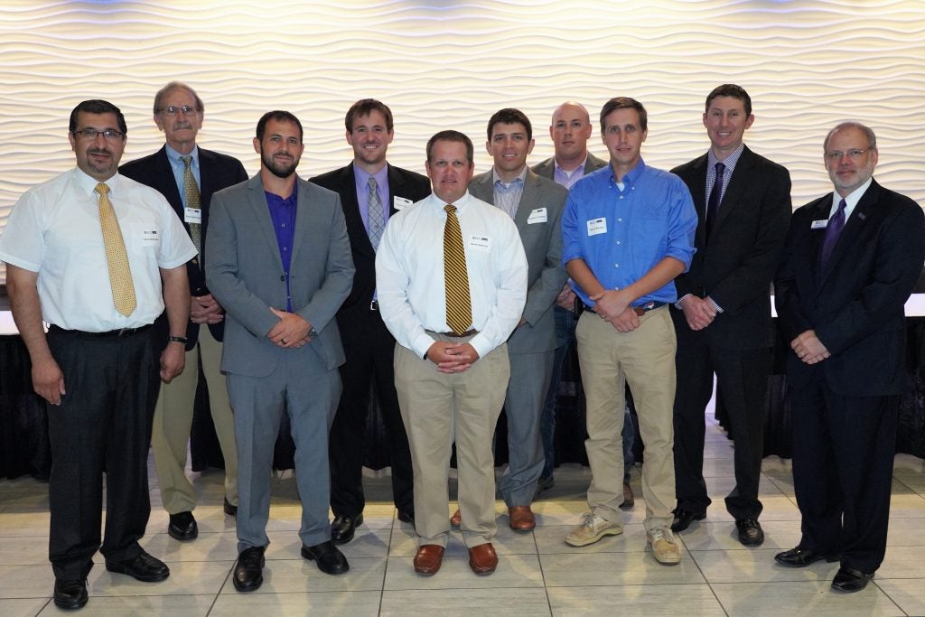 ECU’s Department of Engineering recently celebrated the 10-year anniversary of its first graduating class. On hand to celebrate were faculty and students representing that class, including, left to right: Tarek Abdel-Salam, faculty emeritus, Paul Kauffman, faculty emeritus, Scott Dargan, Dustin Jones, Aaron Spencer, Stephen Dubrey, Josh Brown, Patrick Rhodes, Kyle Barnes, and Harry Ploehn, dean of the College of Engineering and Technology.