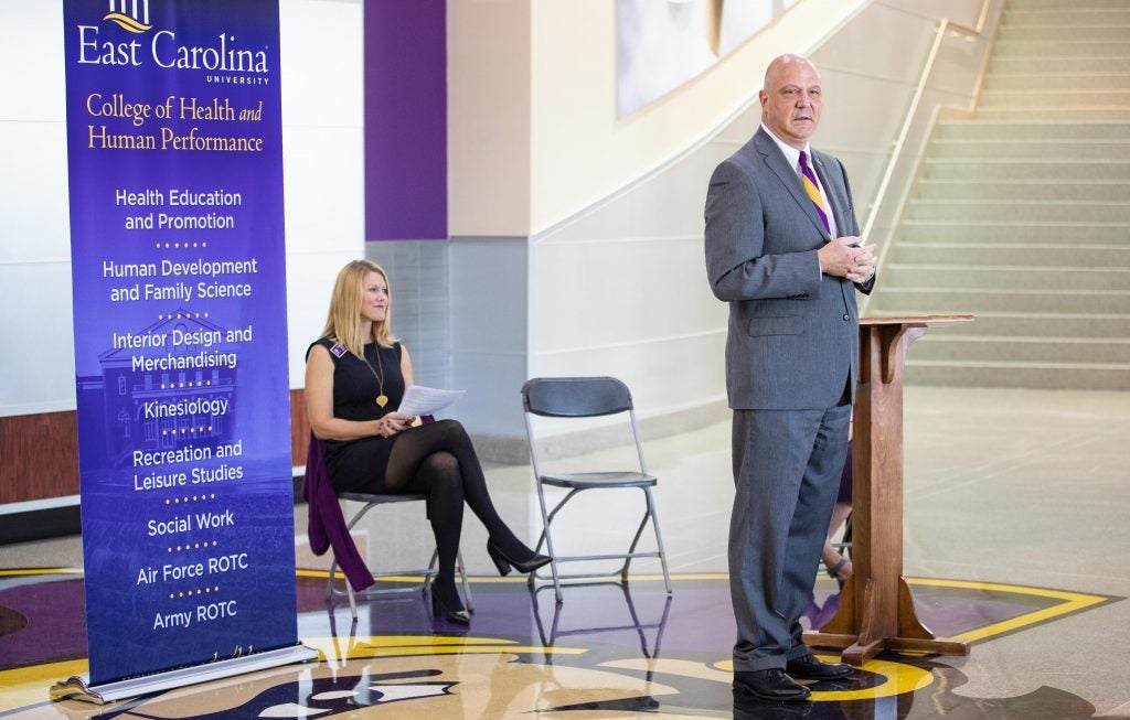 At right, Chris Dyba, vice chancellor for university advancement and president of the ECU Foundation, thanked donors for their generosity. Angela Lamson, HHP associate dean for research and professor of human development and family science, is in the background.  