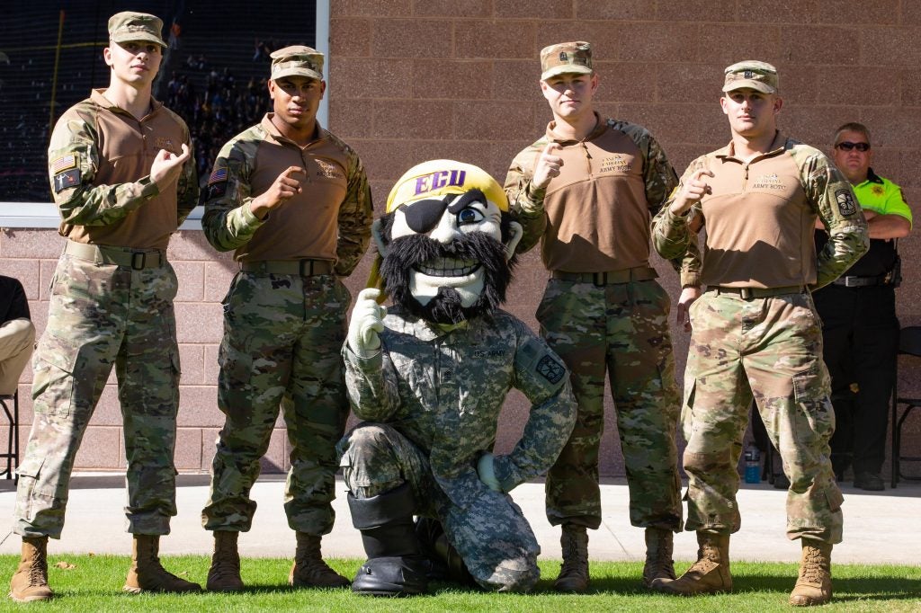 Members of ECU’s Army ROTC pose with PeeDee during the Military Appreciation game on Nov. 3.