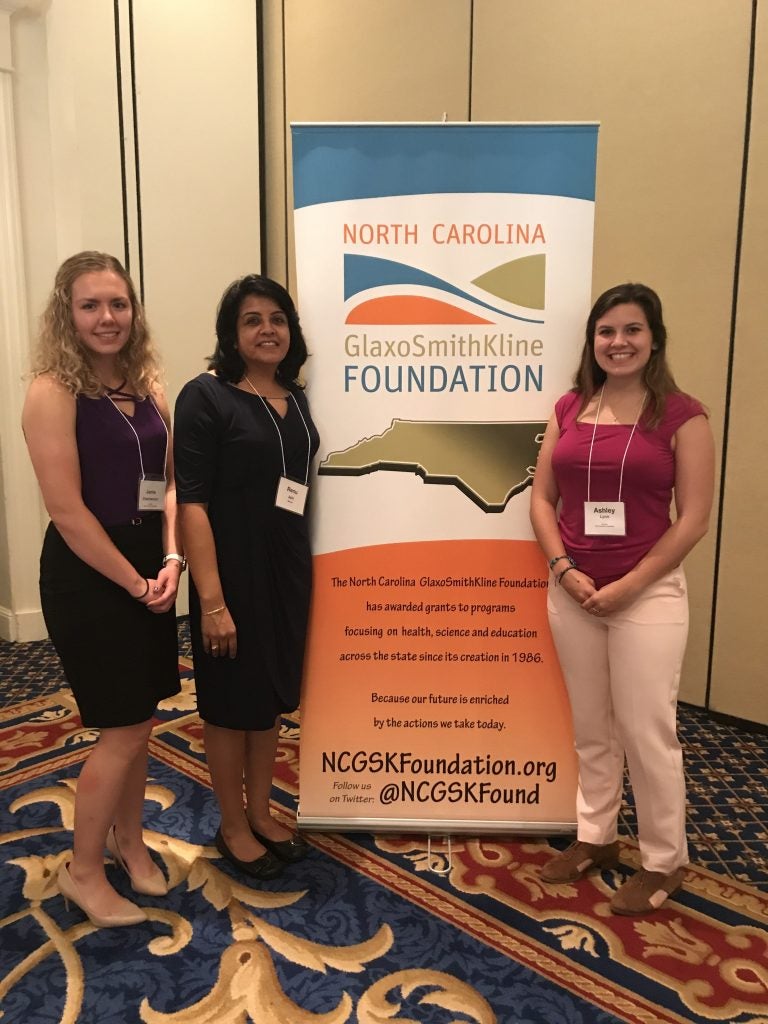 ECU sophomore Jamie Chamberlin (left) and senior Ashley Lynn (right) were able to talk with ECU alumna Dr. Renu Jain (center) during the Glaxo Women in Science fall meeting in October.