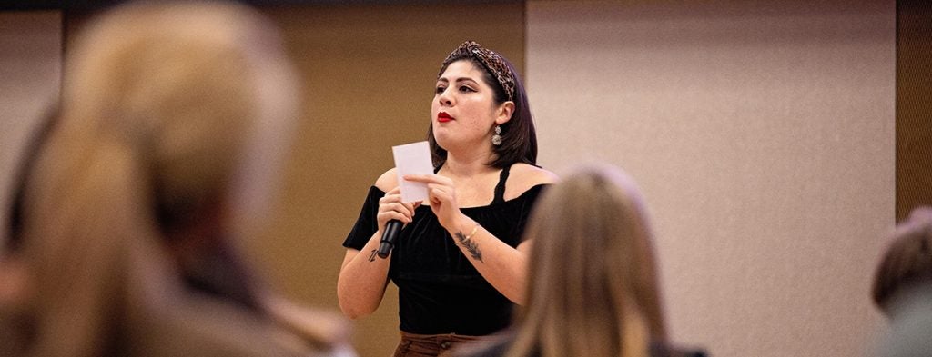 Felicia Jaimes presents her bacteria research at the Capture 180 Research Challenge on Nov. 6 at the Main Campus Student Center.