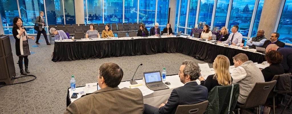 The East Carolina University Chancellor Search Committee met Friday at the Main Campus Student Center. (Photos by Cliff Hollis)