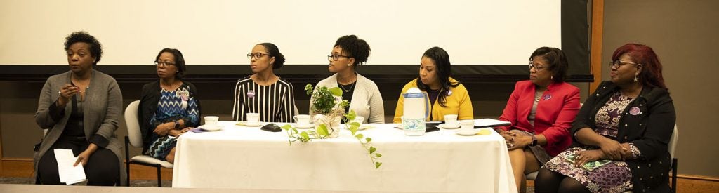 From left, Dr. Sharona Johnson, Dr. Gwendolyn Tyson, Courtney Warner, Mecca Bowser, Felicia Collins, Dr. Kimberly Hardy and Dr. Daphne Brewington participated in a roundtable discussion sharing struggles and successes during the College of Nursing Black History Month celebration. 