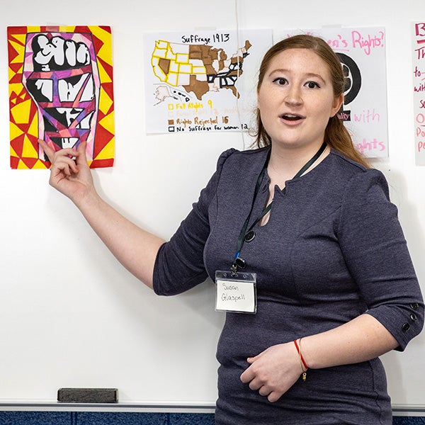 Sarah Fresquez gives a presentation during a role-playing class in Bate Building.