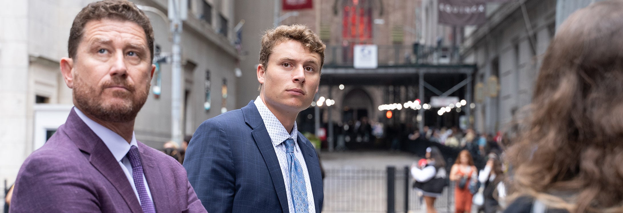 Dr. Michael Harris, left, and IMBA student Carter Cunningham, on Wall Street during ’23 New York City trip. (Photos by ECU News Services)