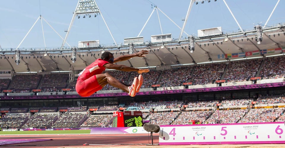 ECU alumnus Lex Gillette '07 competes in the long jump at the 2012 Paralympics in London. The 2016 games in Rio will be his fourth Paralympics. (Contributed photos)