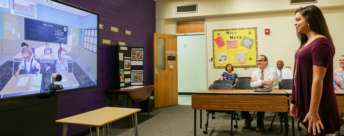 An ECU College of Education student uses Mursion to practice teaching skills in a virtual classroom.