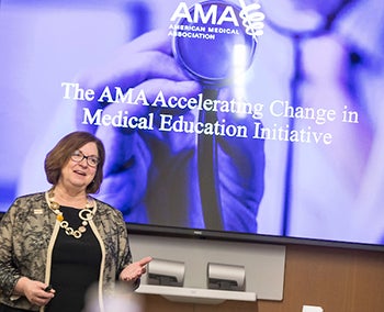 Dr. Susan Skochelak, AMA’s group vice president for medical education, speaks during a visit to Brody School of Medicine.
