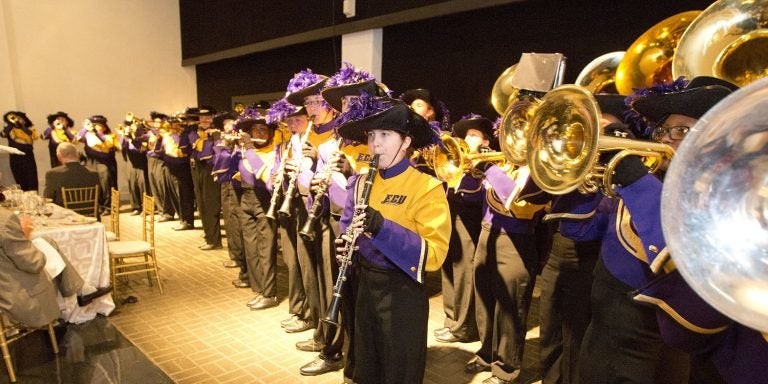 Members of the Marching Pirates provided musical entertainment for the Nov. 9 ECU Board of Trustees dinner, featuring the presentation of the Chancellor’s Amethysts. (Photos by Will Preslar)