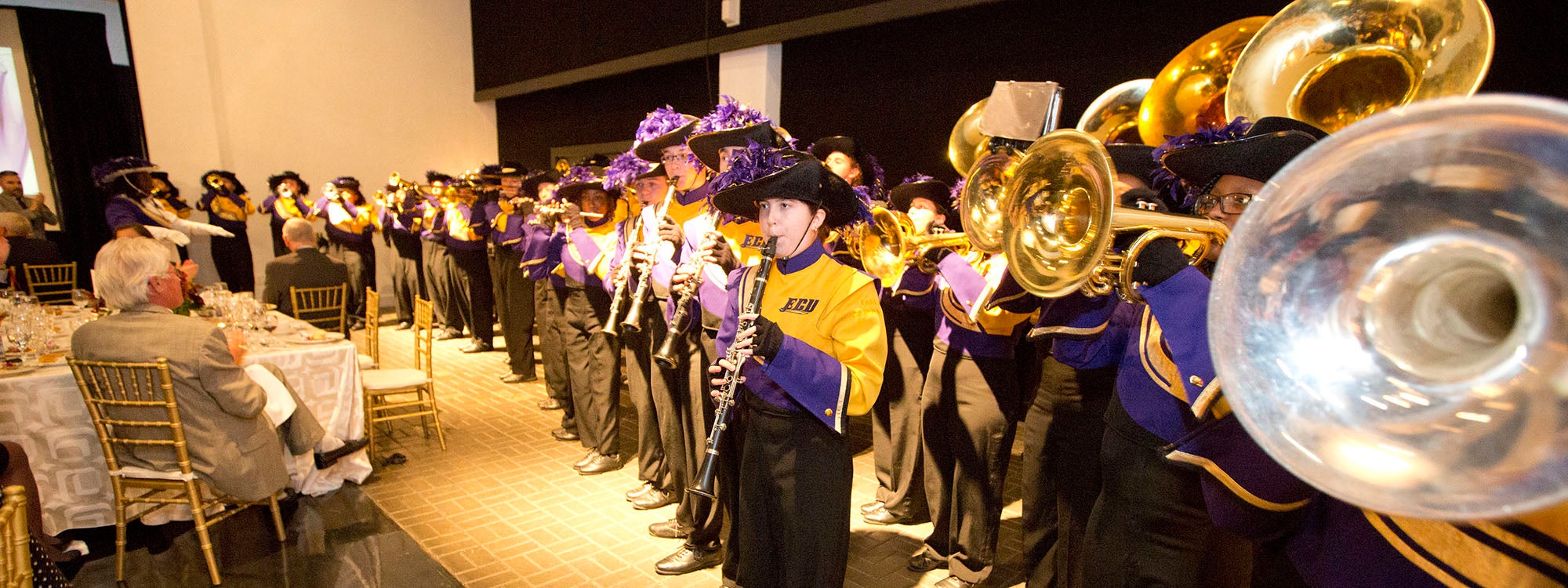 Members of the Marching Pirates provided musical entertainment for the Nov. 9 ECU Board of Trustees dinner, featuring the presentation of the Chancellor’s Amethysts. (Photos by Will Preslar)