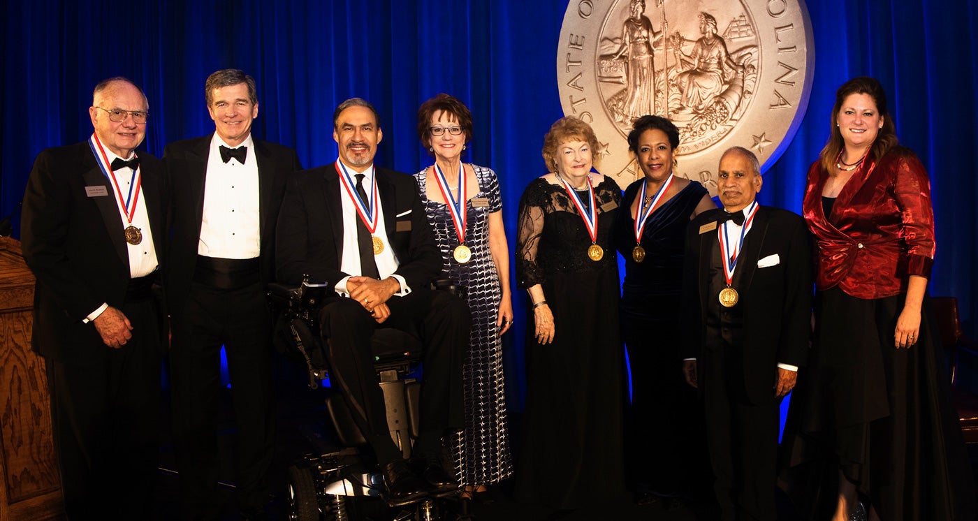 ECU’s Dr. Margaret D. Bauer, fourth from left, was one of six recipients of the 2017 North Carolina Award, presented by Governor Roy Cooper. (Contributed photo by Linda Fox)