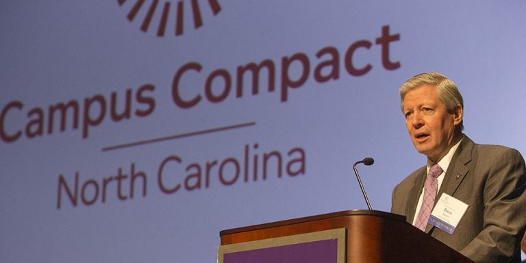 Chancellor Steve Ballard accepts the Leo M. Lambert Engaged Leader Award from the North Carolina Campus Compact at its 16th annual conference held at High Point University. (Photos by Jay Clark)