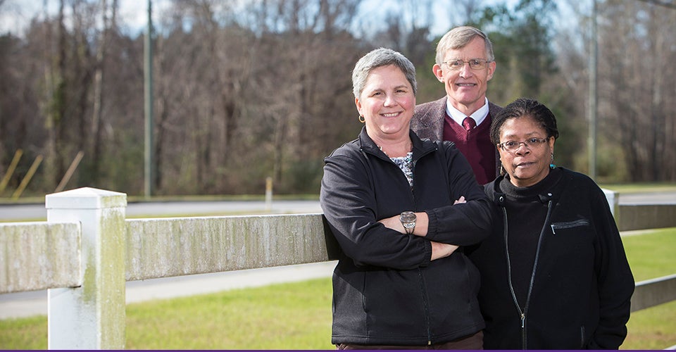 From left, Alyssa Adams, Dr. Doyle “Skip” Cummings and Dr. Hope Landrine are on a team of ECU researchers receiving $1.67 million for their participation in a project to improve blood pressure among minorities within the nation’s “Black Belt” region. (Photo by Cliff Hollis)