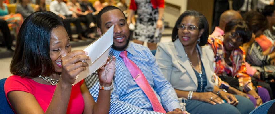 Fourth-year Brody medical student Demetria Watford learned that she matched with the family medicine residency program at Carolinas Medical Center in Charlotte during the Brody School of Medicine Match Day ceremony. (Photos by Cliff Hollis)