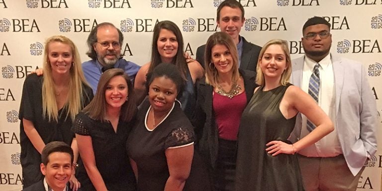 Communication students from ECU attended the Broadcast Education Association convention in Las Vegas this past weekend to produce a live awards ceremony. Front row, left to right: Tyler Bailey, Caroline West, Anna Ray-Smith, Heather Bunn, Ali Capri. Back row, left to right: Madison Hawkins, Glenn Hubbard, Ashley Boles, Ryan Clancy, Kai Jones. (Contributed photo)