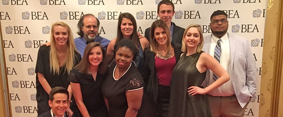 Communication students from ECU attended the Broadcast Education Association convention in Las Vegas this past weekend to produce a live awards ceremony. Front row, left to right: Tyler Bailey, Caroline West, Anna Ray-Smith, Heather Bunn, Ali Capri. Back row, left to right: Madison Hawkins, Glenn Hubbard, Ashley Boles, Ryan Clancy, Kai Jones. (Contributed photo)