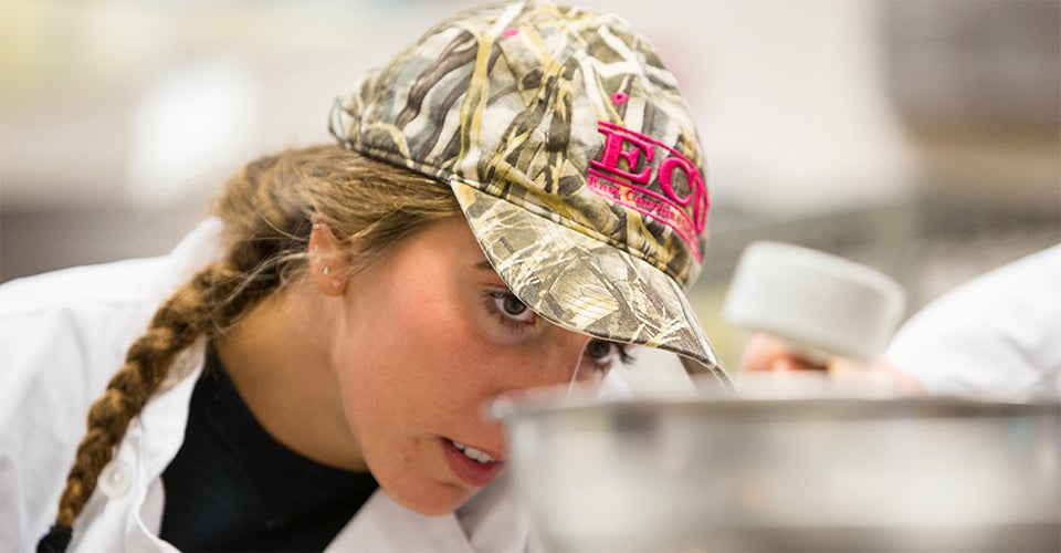 Alexis Pinto takes measurements in Dr. Melani Duffrin’s food science laboratory. (Photos by Cliff Hollis)