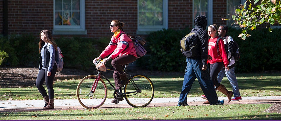 East Carolina University was awarded for attention to providing healthy, alternative modes of transportation, including bricked bike paths and walkways for students making their way to class, pictured above. (Photos by Cliff Hollis)