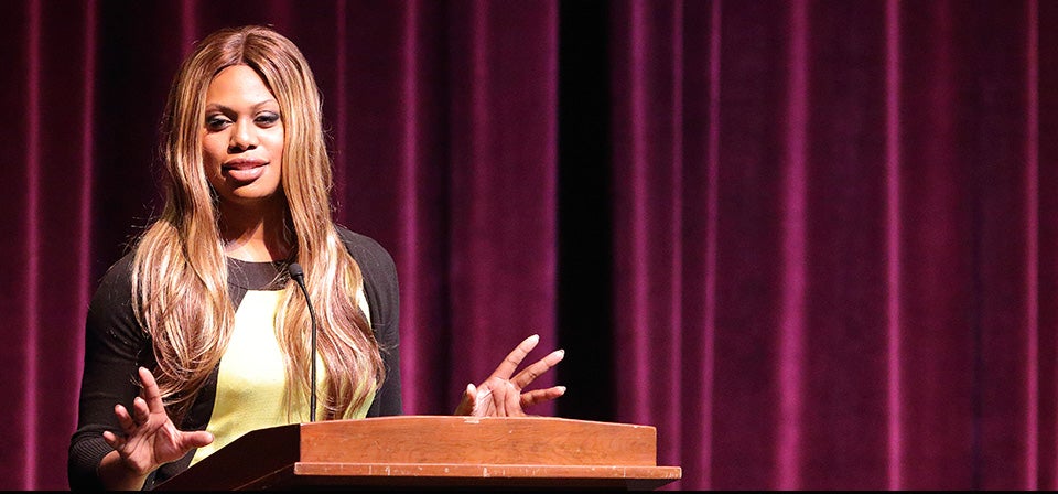 Transgender actress Laverne Cox urged the audience at ECU’s Wright Auditorium to celebrate differences during a presentation Nov. 12 on campus. (Photos by Cliff Hollis)