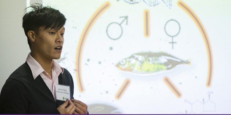 ECU biology student Lenny Yong presents his research about sexual dimorphism in fish during the Three Minute Thesis event at ECU Oct. 22. (Photos by Cliff Hollis)