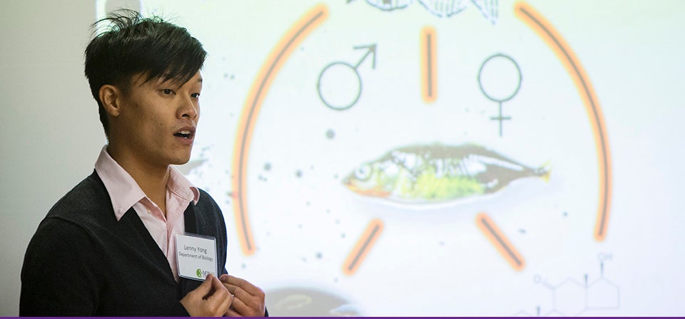 ECU biology student Lenny Yong presents his research about sexual dimorphism in fish during the Three Minute Thesis event at ECU Oct. 22. (Photos by Cliff Hollis)