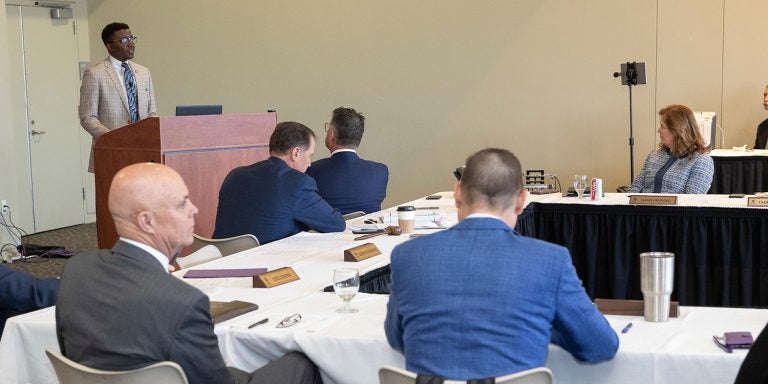 Student Government Association President La’Quon Rogers presents his report to the ECU Board of Trustees. (Photos by Cliff Hollis)