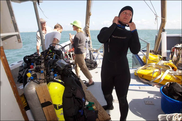 Researchers have recovered an anchor from a shipwreck believed to be that of pirate Blackbeard's flagship, the Queen Anne's Revenge. Photos from the recovery of the artifact show the crew on the R/V Dan Moore working to bring an anchor onboard the research vessel from Cape Fear Community College in the waters near Beaufort Inlet. Divers used lift bags to slowly raise the anchor, which was then prepared for a move to the QAR Conservation Lab at ECU. (Photos and video by Cliff Hollis)