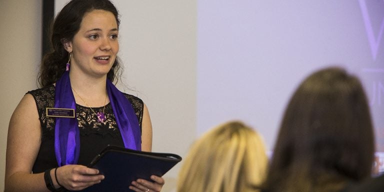 ECU nutrition major Tori Chapman shared her undergraduate research experiences April 9 during the UNC Board of Governors Committee on Educational Planning, Policies and Programs. (Photo by Cliff Hollis)