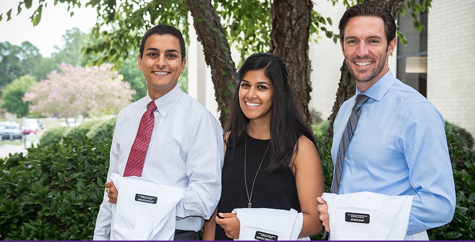 Recipients of the Class of 2019 Brody Scholar award are, left to right, Tony Botros, Catherine Thriveni and John Hurley. (Photo by Cliff Hollis)