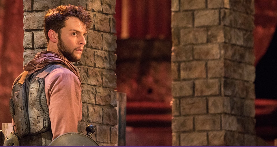 ECU senior Alan Chandler, a professional acting major, is shown above during practice for his first Shakespearian role as Coriolanus. (Photos by Cliff Hollis)