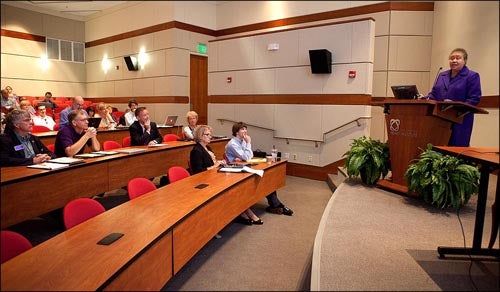 Dr. Belle Wheelan, president of the Southern Association of Colleges and Schools Commission on Colleges, speaks to participants of ECU Assessment Day on campus Sept. 23. (Photos by Cliff Hollis)