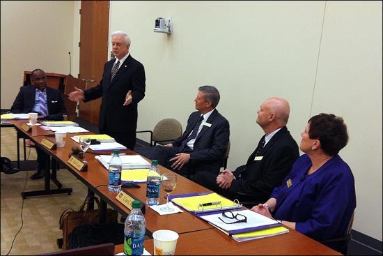 Former N.C. Gov. Jim Hunt speaks to members of the ECU Board of Trustees about his desire to help ECU join the Big East Conference. (Photo by Mary Schulken)