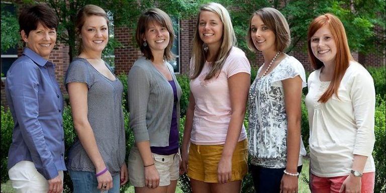 From left to right, senior class officers who led fundraising efforts are pictured with Dr. Kim Larson, assistant professor of nursing, at left, class vice president Rachel Steeb, historian Logan Monroe, secretary Paige Ray, treasurer Natalie Tyson, and president Kaitlyn Whitlock. Photo by Cliff Hollis, ECU News Services.