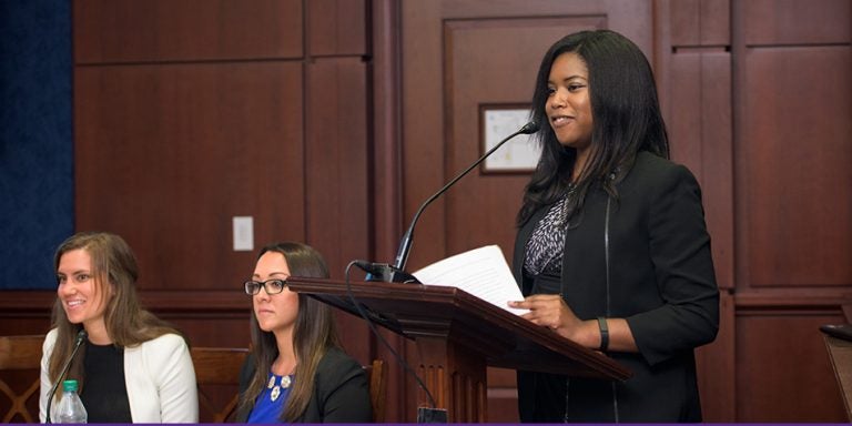 ECU business management major Destiny Reid presents educational materials related to adoption to members of Congress, as part of her 10-week internship through the Congressional Coalition on Adoption Institute (CCAI). (Photos by Kami Swingle with CCAI)